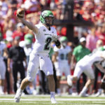 
              North Dakota quarterback Tommy Schuster (2) passes the ball against Nebraska during the first half of an NCAA college football game Saturday, Sept. 3, 2022, in Lincoln, Neb. (AP Photo/Rebecca S. Gratz)
            