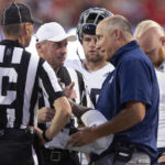 
              Georgia Southern head coach Clay Helton, front right, argues with referees following a touchdown against Nebraska during the first half of an NCAA college football game Saturday, Sept. 10, 2022, in Lincoln, Neb. (AP Photo/Rebecca S. Gratz)
            