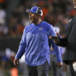 
              Boise State head coach Andy Avalos calls out to players during the second half of an NCAA college football game against Oregon State Saturday, Sept. 3, 2022, in Corvallis, Ore. Oregon State won 34-17. (AP Photo/Amanda Loman)
            
