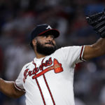 
              Atlanta Braves relief pitcher Kenley Jansen delivers in the ninth inning of the team's baseball game against the Washington Nationals on Tuesday, Sept. 20, 2022, in Atlanta. (AP Photo/John Bazemore)
            