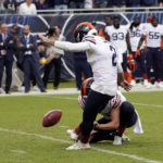 
              Chicago Bears place kicker Cairo Santos (2) kicks a game-winning 30-yard field goal against the Houston Texans during the second half of an NFL football game Sunday, Sept. 25, 2022, in Chicago. The Bears won 23-20. (AP Photo/Charles Rex Arbogast)
            