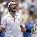 
              Matteo Berrettini, of Italy, reacts after defeating Alejandro Davidovich Fokina, of Spain, during the fourth round of the U.S. Open tennis championships, Sunday, Sept. 4, 2022, in New York. (AP Photo/Julia Nikhinson)
            
