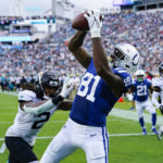 
              Indianapolis Colts tight end Mo Alie-Cox (81) attempts to make a catch over Jacksonville Jaguars safety Rayshawn Jenkins (2) during the second half of an NFL football game, Sunday, Sept. 18, 2022, in Jacksonville, Fla. \Alie-Cox was ruled out-of-bounds on the play. (AP Photo/John Raoux)
            