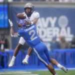 
              Air Force cornerback Eian Castonguay, front, breaks up a pass intended for Colorado wide receiver Jamar Montgomery in the first half of an NCAA college football game Saturday, Sept. 10, 2022, at Air Force Academy, Colo. (AP Photo/David Zalubowski)
            