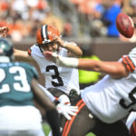 
              Cleveland Browns placekicker Cade York (3) tries for a long field goal, but misses, against the Philadelphia Eagles during the second half of an NFL preseason football game in Cleveland, Sunday, Aug. 21, 2022. (AP Photo/David Richard)
            