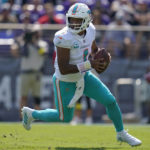 
              Miami Dolphins quarterback Tua Tagovailoa (1) looks to throw a pass during the first half of an NFL football game against the Baltimore Ravens, Sunday, Sept. 18, 2022, in Baltimore. (AP Photo/Julio Cortez)
            