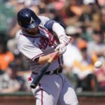 
              Atlanta Braves' Robbie Grossman hits an RBI single against the San Francisco Giants during the third inning of a baseball game in San Francisco, Wednesday, Sept. 14, 2022. (AP Photo/Godofredo A. Vásquez)
            