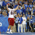 
              Northern Illinois tight end Tristen Tewes (82) celebrates after scoring a touchdown during the first half of an NCAA college football game against Kentucky in Lexington, Ky., Saturday, Sept. 24, 2022. (AP Photo/Michael Clubb)
            