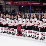 
              Canadian team stands with their gold medals after The IIHF World Championship Woman's ice hockey gold medal match between USA and Canada in Herning, Denmark, Sunday, Sept. 4, 2022. (Bo Amstrup/Ritzau Scanpix via AP)
            