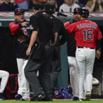 
              Cleveland Guardians manager Terry Francona, left, points at home plate umpire Ron Kulpa after being ejected during the seventh inning of a baseball game against the Los Angeles Angels, Monday, Sept. 12, 2022, in Cleveland. The Guardians won 5-4.(AP Photo/David Dermer)
            