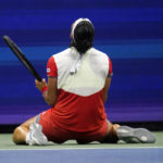 
              Ons Jabeur, of Tunisia, reacts after defeating Caroline Garcia, of France, during the semifinals of the U.S. Open tennis championships on Thursday, Sept. 8, 2022, in New York.(AP Photo/Charles Krupa)
            