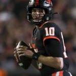 
              Oregon State Beavers quarterback Chance Nolan (10) looks to pass during the second half of an NCAA college football game against Boise State Saturday, Sept. 3, 2022, in Corvallis, Ore. Oregon State won 34-17. (AP Photo/Amanda Loman)
            