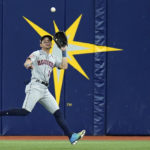 
              Houston Astros center fielder Mauricio Dubon makes a running catch in a fly out by Tampa Bay Rays' Manuel Margot during the sixth inning of a baseball game Tuesday, Sept. 20, 2022, in St. Petersburg, Fla. (AP Photo/Chris O'Meara)
            