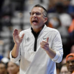 
              Connecticut Sun head coach Curt Miller reacts during the first half of Game 4 in the team's WNBA basketball playoff semifinal against the Chicago Sky on Tuesday, Sept. 6, 2022, in Uncasville, Conn. (AP Photo/Jessica Hill)
            
