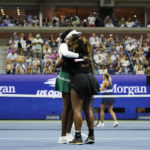
              Serena Williams, right, and Venus Williams, of the United States, embrace after a loss in their first-round doubles match against Lucie Hradecká and Linda Nosková, of the Czech Republic, at the U.S. Open tennis championships, Thursday, Sept. 1, 2022, in New York. (AP Photo/Charles Krupa)
            