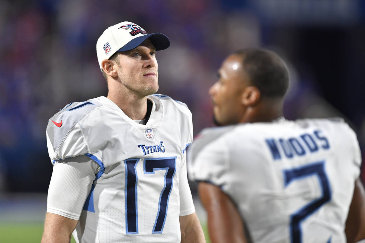 Tennessee Titans quarterback Ryan Tannehill (17) reacts during the second half of an NFL football g...