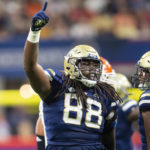 
              Georgia Tech defensive lineman Zeek Biggers reacts after play in the first half of an NCAA college football game against Clemson Monday, Sept. 5, 2022, in Atlanta. (AP Photo/Hakim Wright Sr.)
            