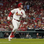 
              St. Louis Cardinals' Nolan Gorman watches his solo home run during the seventh inning of a baseball game against the Washington Nationals Tuesday, Sept. 6, 2022, in St. Louis. (AP Photo/Jeff Roberson)
            