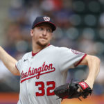 
              Washington Nationals starting pitcher Erick Fedde throws against the New York Mets during the first inning of a baseball game Sunday, Sept. 4, 2022, in New York. (AP Photo/Noah K. Murray)
            