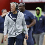 
              Seattle Seahawks head coach Pete Carroll watches from the sideline during the first half of an NFL football game against the San Francisco 49ers in Santa Clara, Calif., Sunday, Sept. 18, 2022. (AP Photo/Josie Lepe)
            