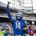 
              Georgia State wide receiver Robert Lewis reacts after touchdown in the second half of an NCAA college football game against North Carolina Saturday, Sept. 10, 2022, in Atlanta. (AP Photo/Hakim Wright Sr.)
            