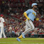 
              Milwaukee Brewers' Andrew McCutchen rounds the bases after hitting a two-run home run off St. Louis Cardinals starting pitcher Jordan Montgomery (48) during the fifth inning of a baseball game Tuesday, Sept. 13, 2022, in St. Louis. (AP Photo/Jeff Roberson)
            