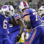 
              Buffalo Bills wide receiver Isaiah McKenzie (6) celebrates his touchdown catch against the Los Angeles Rams during the second half of an NFL football game Thursday, Sept. 8, 2022, in Inglewood, Calif. (AP Photo/Mark J. Terrill)
            
