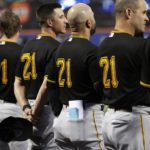 
              Pittsburgh Pirates, wearing No. 21 for Roberto Clemente Day, stand for the national anthem before a baseball game against the New York Mets on Thursday, Sept. 15, 2022, in New York. (AP Photo/Adam Hunger)
            