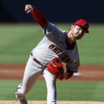 
              Arizona Diamondbacks starting pitcher Ryne Nelson throws to the plate during the first inning of a baseball game against the San Diego Padres, Monday, Sept. 5, 2022, in San Diego. (AP Photo/Brandon Sloter)
            