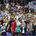 
              Serena Williams, center left, and Venus Williams, of the United States, depart after losing their first-round doubles match against Lucie Hradecká and Linda Nosková, of the Czech Republic, at the U.S. Open tennis championships, Thursday, Sept. 1, 2022, in New York. (AP Photo/Frank Franklin II)
            