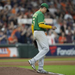 
              Oakland Athletics starting pitcher Adrian Martinez walks off the mound after giving up a home run to Houston Astros' Yordan Alvarez during the fifth inning of a baseball game Friday, Sept. 16, 2022, in Houston. (AP Photo/David J. Phillip)
            