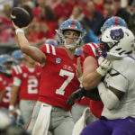 
              Mississippi quarterback Luke Altmyer (7) passes against Central Arkansas during the first half of an NCAA college football game in Oxford, Miss., Saturday, Sept. 10, 2022. (AP Photo/Rogelio V. Solis)
            