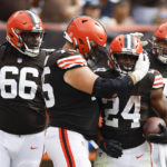 
              The Cleveland Browns celebrate after running back Nick Chubb (24) scored a touchdown against the New York Jets during the second half of an NFL football game, Sunday, Sept. 18, 2022, in Cleveland. (AP Photo/Ron Schwane)
            