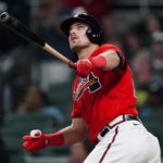 
              Atlanta Braves' Austin Riley watches his solo home run in the seventh inning of a baseball game against the Miami Marlins, Friday, Sept. 2, 2022, in Atlanta. (AP Photo/John Bazemore)
            