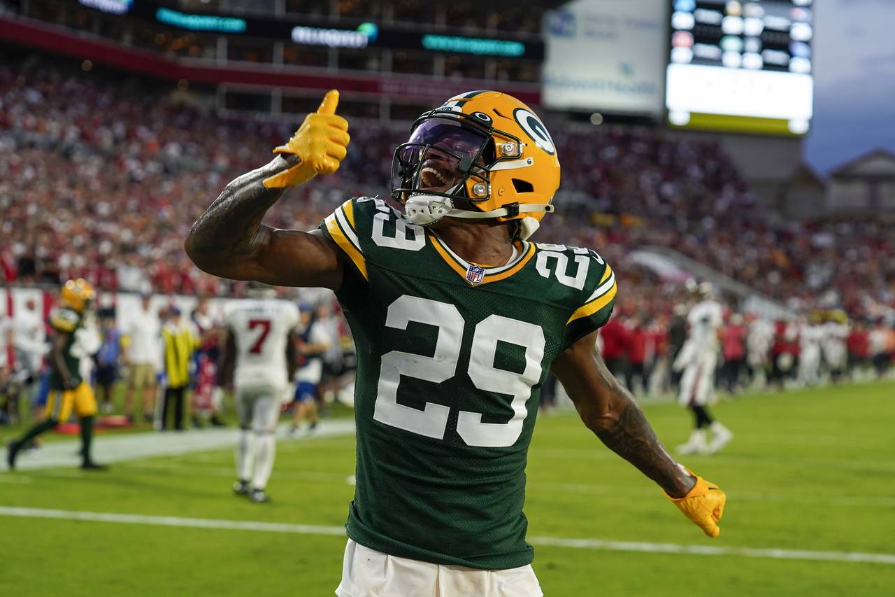 Green Bay Packers' Rasul Douglas reacts after a failed two-point conversion attempt by Tampa Bay Bu...