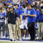 
              Kentucky coach Mark Stoops walks along the sideline during the first half of the team's NCAA college football game against Miami (Ohio) in Lexington, Ky., Saturday, Sept. 3, 2022. (AP Photo/Michael Clubb)
            