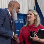 
              Executive Director of the Major League Baseball Players Association Tony Clark shakes hands with AFL-CIO President Liz Shuler during a news conference at the Press Club in Washington, Wednesday, Sept. 7, 2022. (AP Photo/Jose Luis Magana)
            