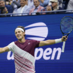
              Casper Ruud, of Norway, reacts after defeating Matteo Berrettini, of Italy, during the quarterfinals of the U.S. Open tennis championships, Tuesday, Sept. 6, 2022, in New York. (AP Photo/Seth Wenig)
            