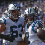
              Carolina Panthers' DJ Moore, right, celebrates his touchdown with Austin Corbett (63) during the second half an NFL football game against the New York Giants, Sunday, Sept. 18, 2022, in East Rutherford, N.J. (AP Photo/John Munson)
            