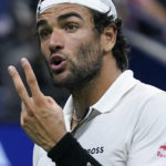 
              Matteo Berrettini, of Italy, reacts during a quarterfinal match against Casper Ruud, of Norway, during the U.S. Open tennis championships, Tuesday, Sept. 6, 2022, in New York. (AP Photo/Seth Wenig)
            