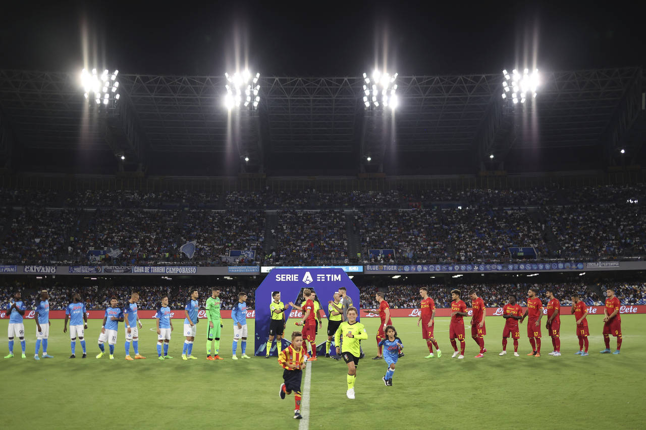 Teams line up ahead of the Serie A soccer match between Napoli and Lecce at Diego Armando Maradona ...