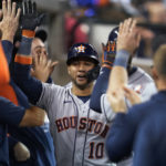 
              Houston Astros' Yuli Gurriel celebrates his two-run home run against the Detroit Tigers in the seventh inning of a baseball game in Detroit, Tuesday, Sept. 13, 2022. (AP Photo/Paul Sancya)
            