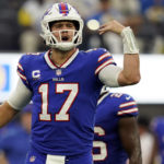 
              Buffalo Bills quarterback Josh Allen signals during the first half of an NFL football game against the Los Angeles Rams Thursday, Sept. 8, 2022, in Inglewood, Calif. (AP Photo/Ashley Landis)
            