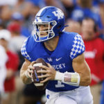 
              Kentucky quarterback Will Levis looks for a receiver during the first half of the team's NCAA college football game against Miami (Ohio) in Lexington, Ky., Saturday, Sept. 3, 2022. (AP Photo/Michael Clubb)
            