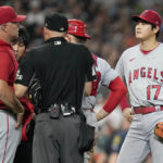 
              Los Angeles Angels starting pitcher Shohei Ohtani (17) is removed from the baseball game during the sixth inning of the team's game against the Houston Astros Saturday, Sept. 10, 2022, in Houston. (AP Photo/Eric Christian Smith)
            