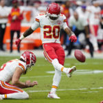 
              Kansas City Chiefs safety Justin Reid (20) misses an extra point attempt against the Arizona Cardinals during the first half of an NFL football game, Sunday, Sept. 11, 2022, in Glendale, Ariz. (AP Photo/Ross D. Franklin)
            