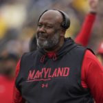 
              Maryland head coach Mike Locksley watches in the first half of an NCAA college football game against Michigan in Ann Arbor, Mich., Saturday, Sept. 24, 2022. (AP Photo/Paul Sancya)
            