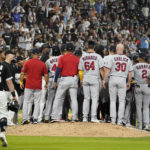 
              The benches clear after Chicago White Sox's Andrew Vaughn (25) was hit by pitch from Minnesota Twins reliever Jorge Lopez during the ninth inning of a baseball game in Chicago, Friday, Sept. 2, 2022. The White Sox won 4-3. (AP Photo/Nam Y. Huh)
            