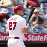 
              Los Angeles Angels' Mike Trout heads back to the dugout after striking out during the sixth inning of a baseball game against the Houston Astros, Sunday, Sept. 4, 2022, in Anaheim, Calif. (AP Photo/Jae C. Hong)
            