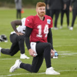 
              New Orleans Saints quarterback Andy Dalton during an NFL practice session at the London Irish rugby team training ground in Sunbury-on-Thames near London, Wednesday, Sept. 28, 2022 ahead of the NFL game against Minnesota Vikings at the Tottenham Hotspur stadium on Sunday. (AP Photo/Kirsty Wigglesworth)
            